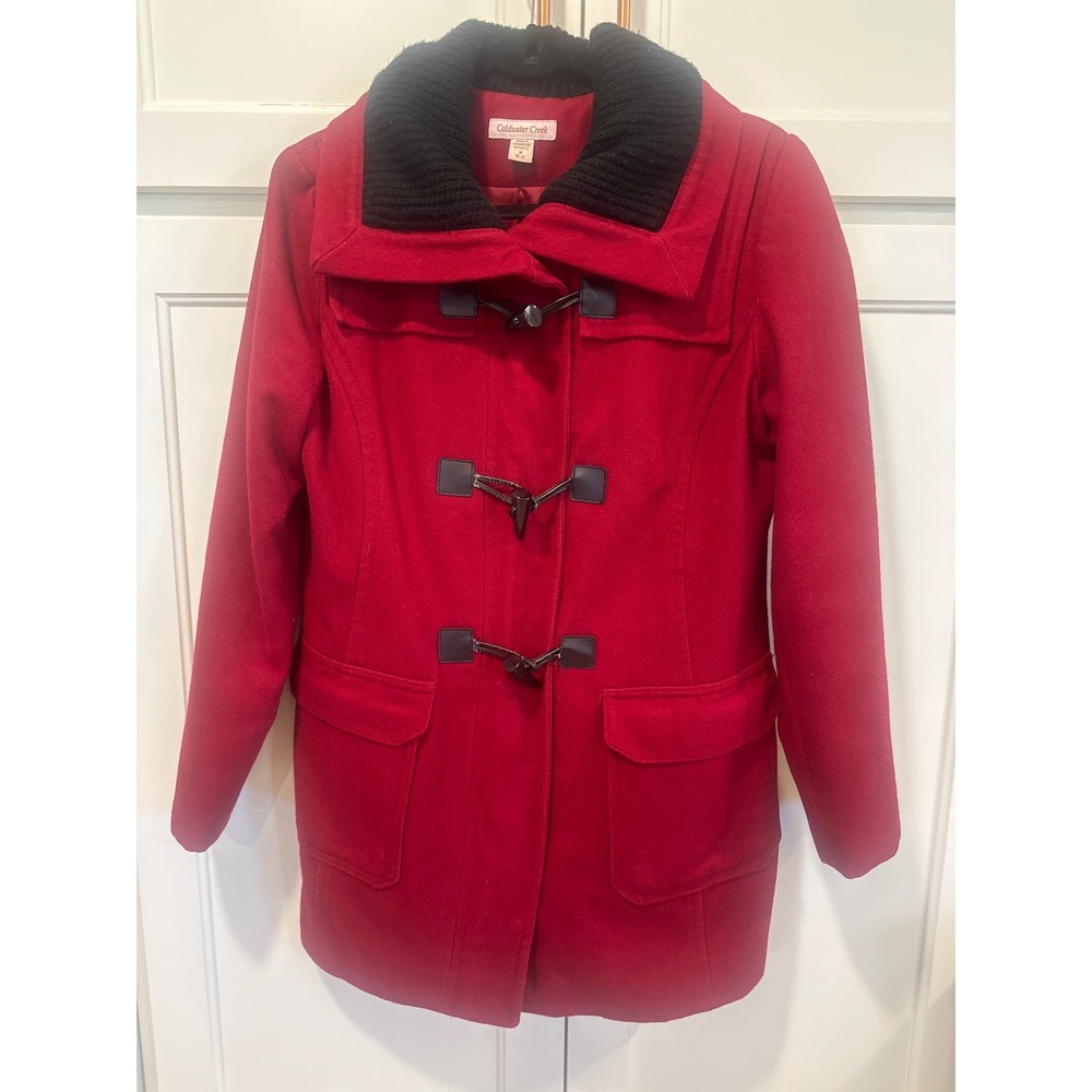 Coldwater Creek Red Wool Blend Toggle Duffle Coat Knit Womens Medium dressy warm
